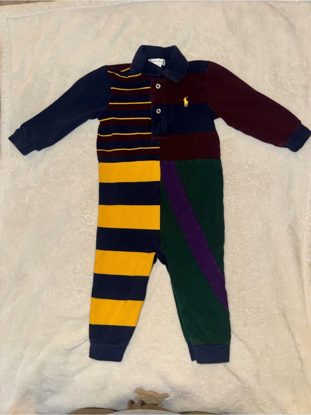 Ralph Lauren Navy, Gold, Green & Purple Patchwork Polo Footed One-Piece